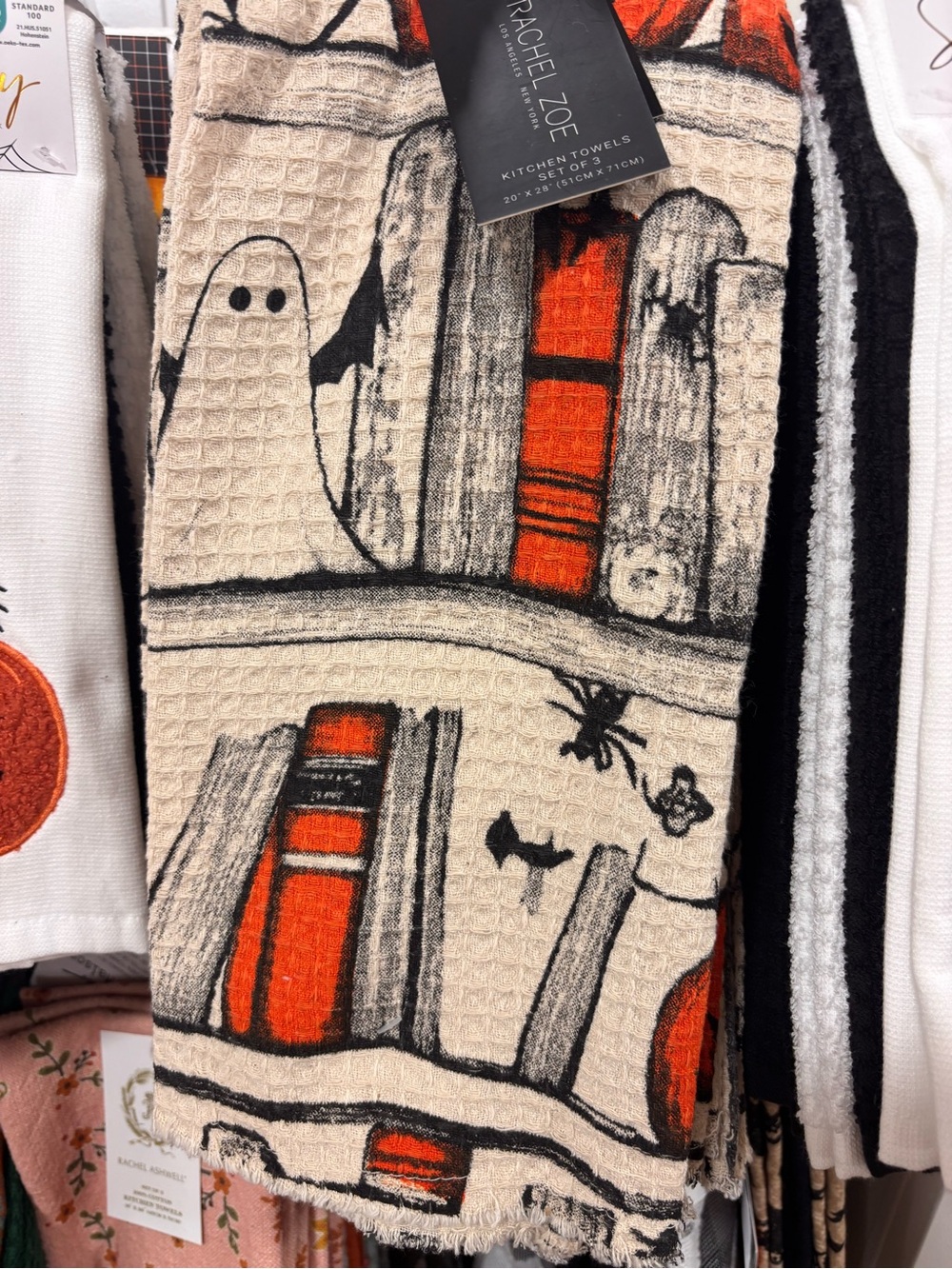 Rachel Zoe Cream, Orange & Black Halloween Ghost & books Kitchen Towel